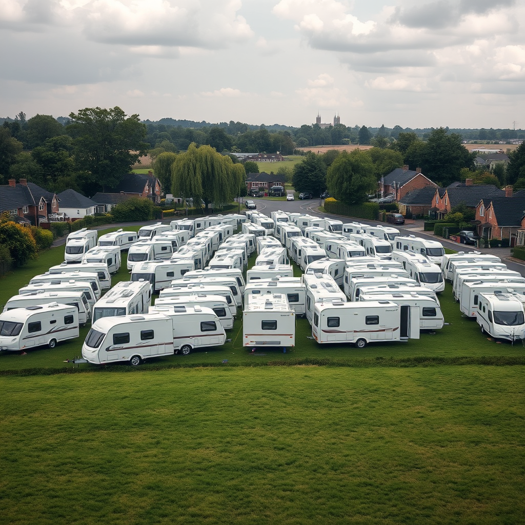 Large group of travellers make camp on field in residential area